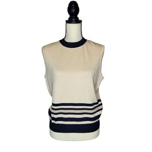 St. John Top Sleeveless Santana Knit Cream Blue Stripe Detail Back Zipper Size M